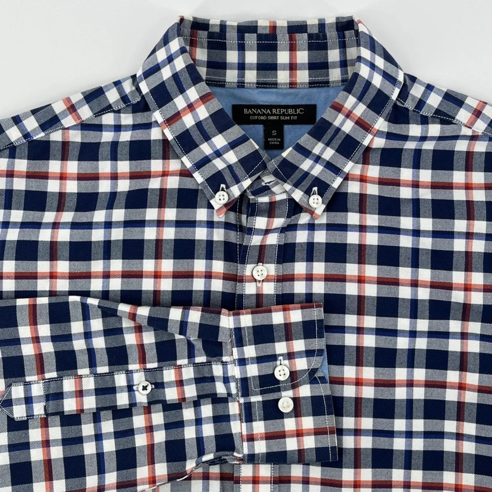 Banana Republic Oxford Shirt, Mens, S, Mythic Blue, Slim Fit Plaid 556799-00